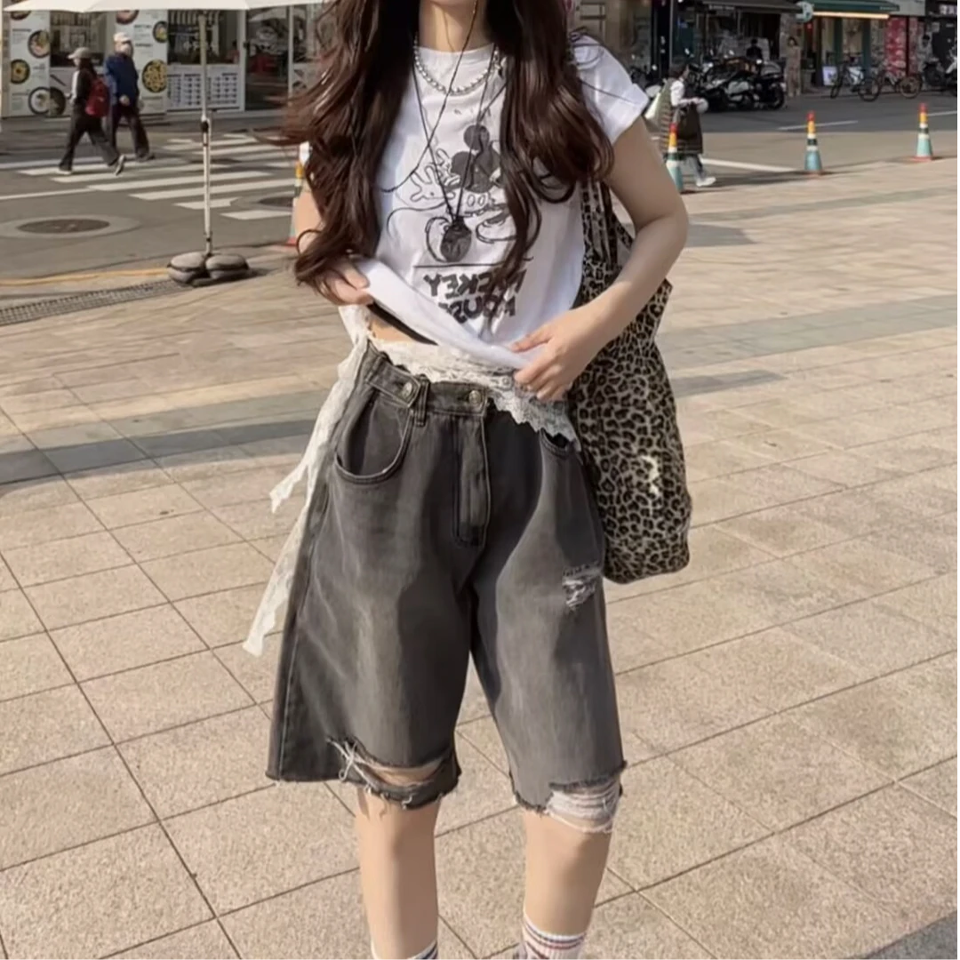 【韩国东大门代购】NO退/ itz 破洞牛仔五分裤