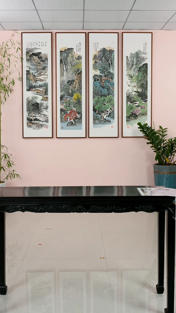国画张现军《春夏秋冬山水四条屏》手绘带框162*47厘米