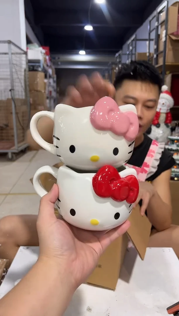 瓷片红色加粉色蝴蝶结kt头杯2件套微瑕