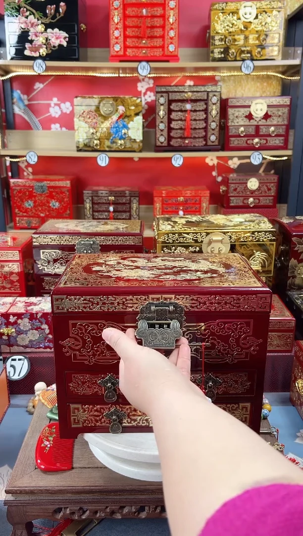 【闪购商品】28厘米新款四层三抽掐丝螺钿酒红凤凰牡丹