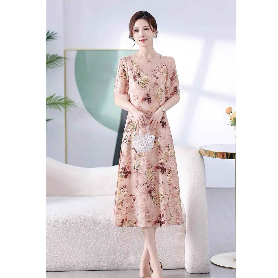 新款时尚减龄新中式印花褶皱设计显瘦连衣裙X088