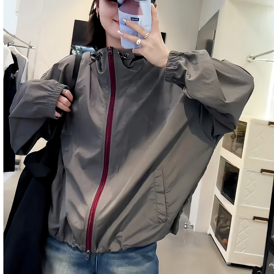 拉链春秋夏季防晒女防晒衣薄款设计感连帽运动宽松白色短外套