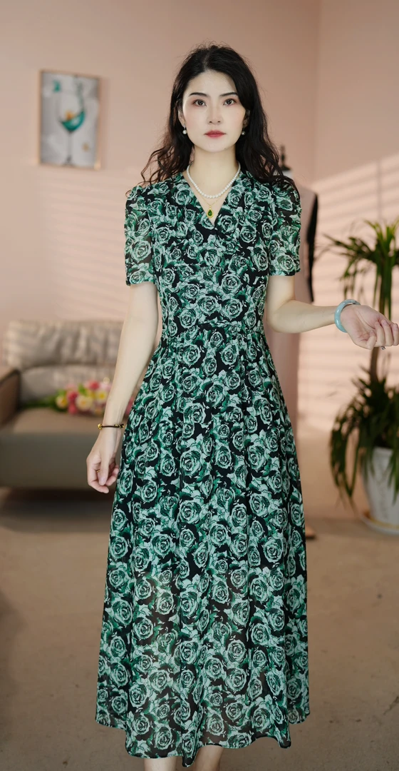 D002夏季2025新款显瘦时尚休闲减龄气质收腰碎花连衣裙