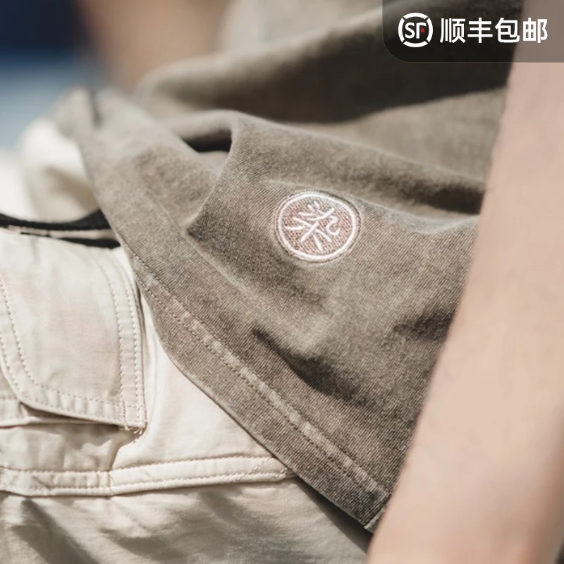 马登工装 美式复古做旧蜡染卡其色T恤水洗休闲半袖短袖打底衫男夏
