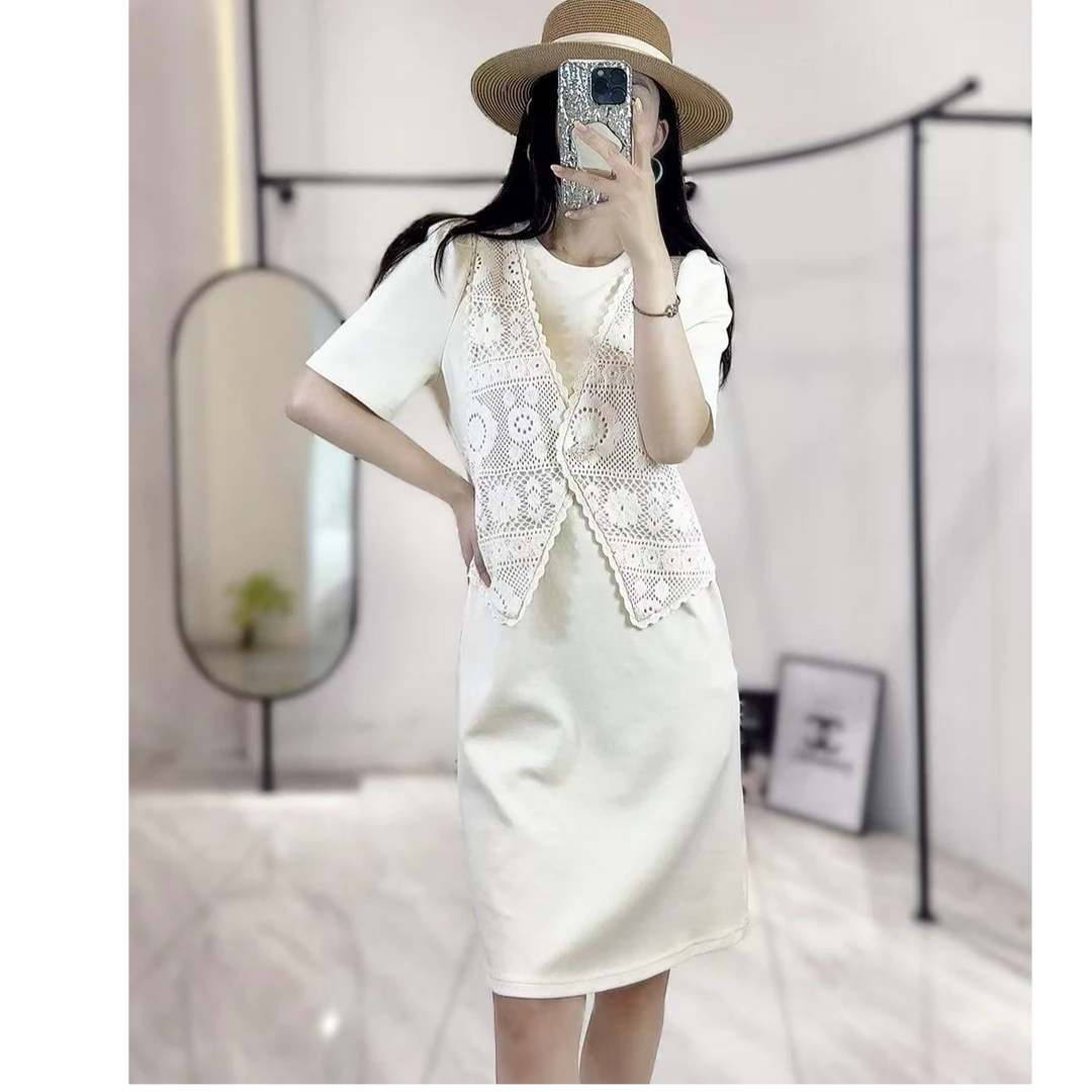 9602 修身圆领短袖连衣裙蕾丝披肩