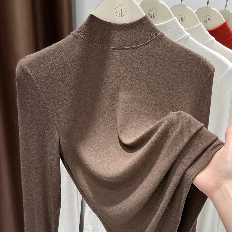 薄款针织显瘦打底衫女正肩长袖t恤初秋新款气质高领百搭时尚上衣
