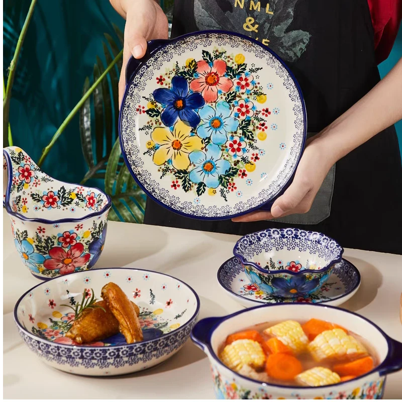 【新疆包邮】SAZAKI欧式波兰彩釉下彩手绘陶瓷创意饭碗高档家用盘子