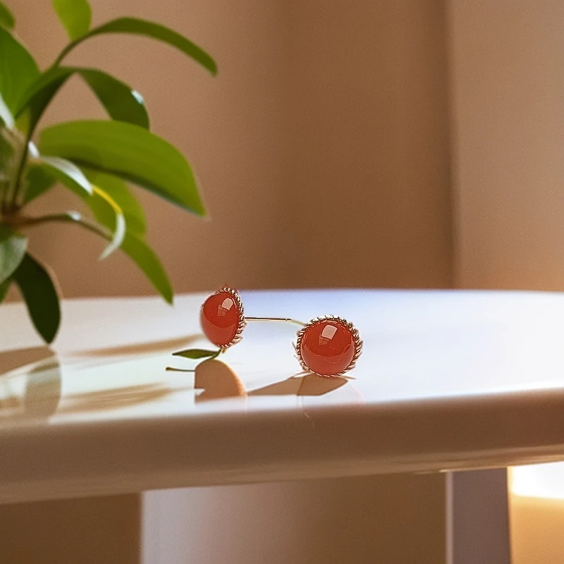 保山南红精品冰红s925银镶耳钉6mm  多样性发货