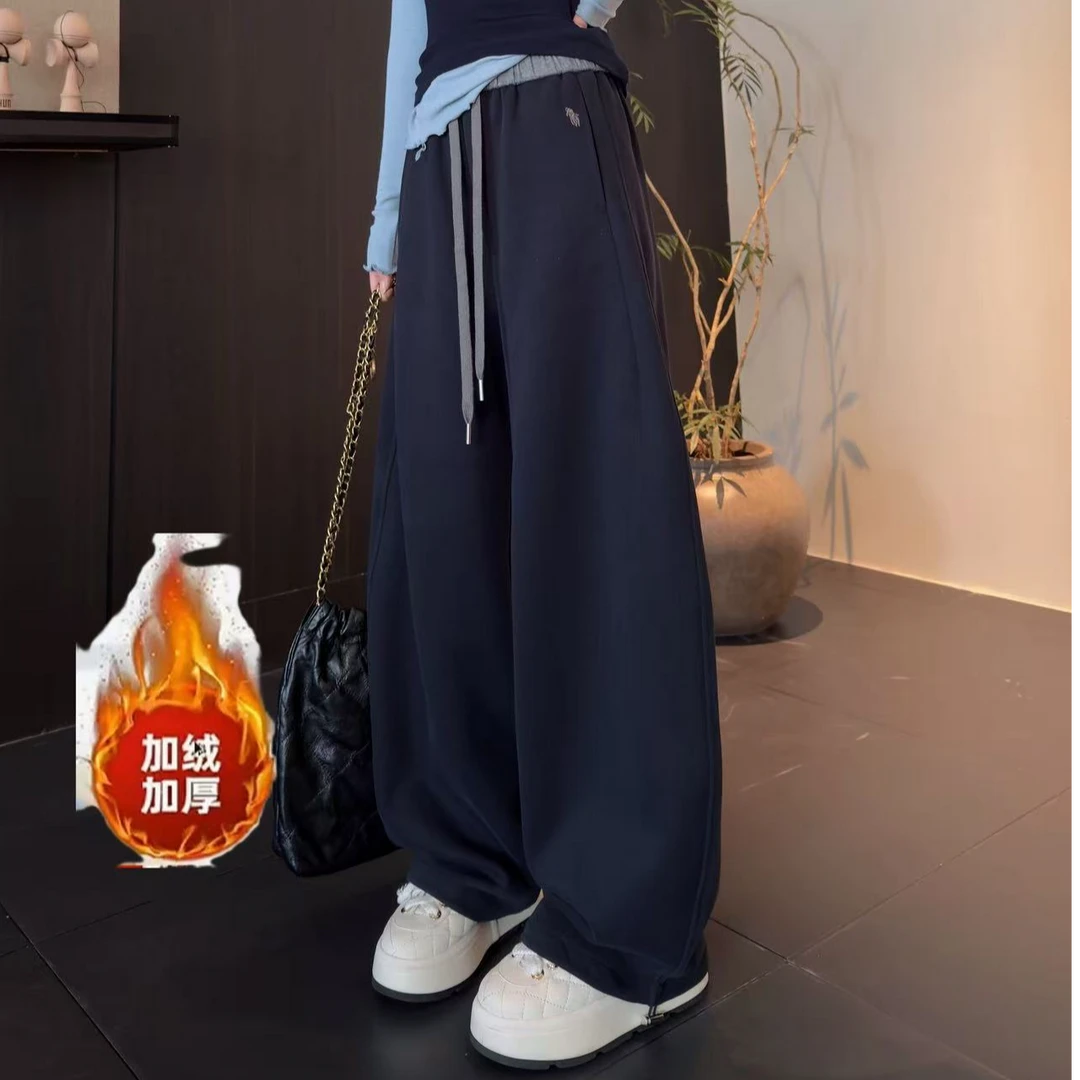 (加绒加厚)刺绣拼色高腰显瘦弯刀阔腿女一裤两穿可束脚直筒裤8881