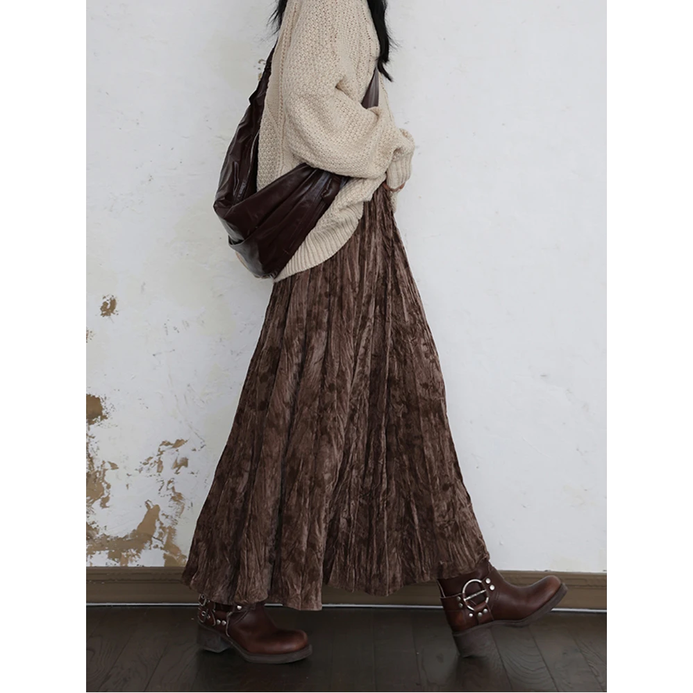 新中式印花褶皱丝绒A字伞裙女秋冬新款气质高腰遮胯垂感休闲长裙