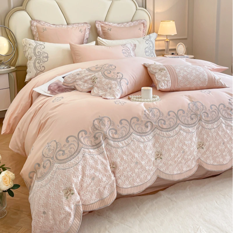 高档法式180S长绒棉四件套纯棉全棉蕾丝绣花被套床单笠床品奶油风