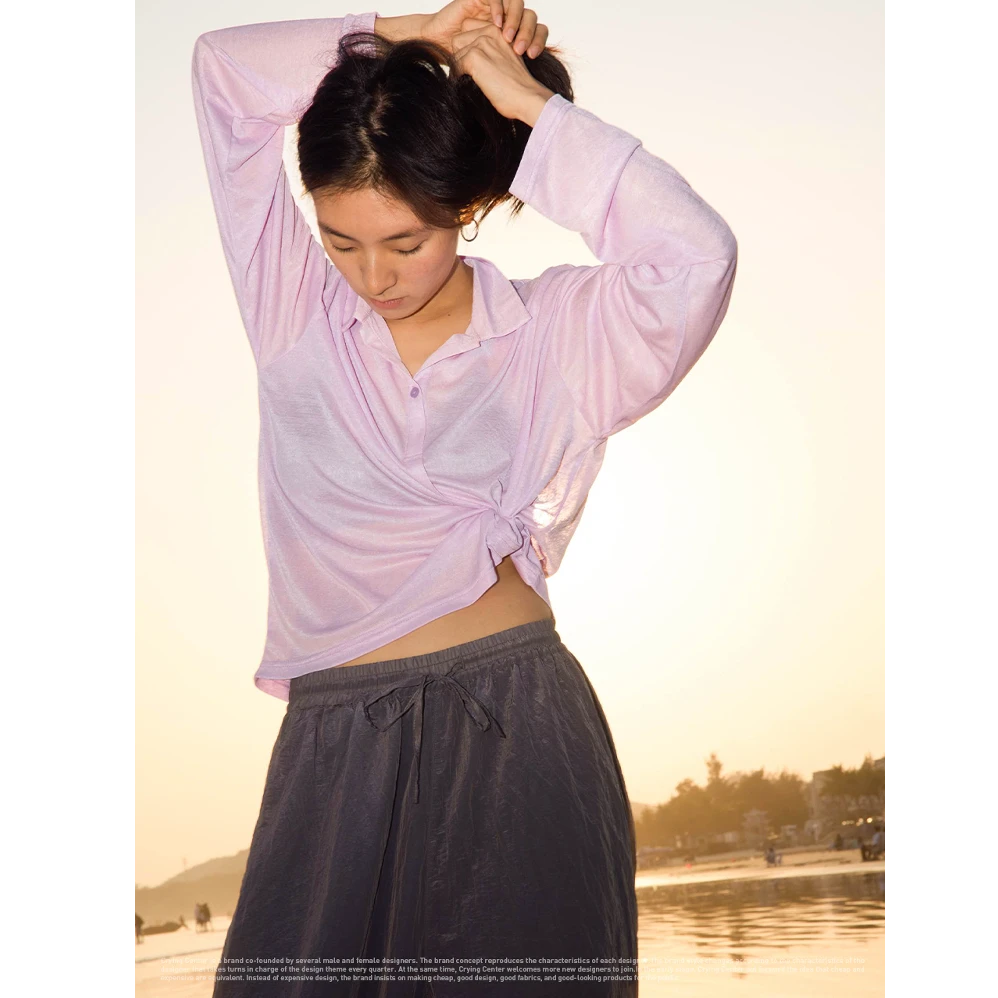 Crying center/哭喊中心半透明斜褶polo长袖tee