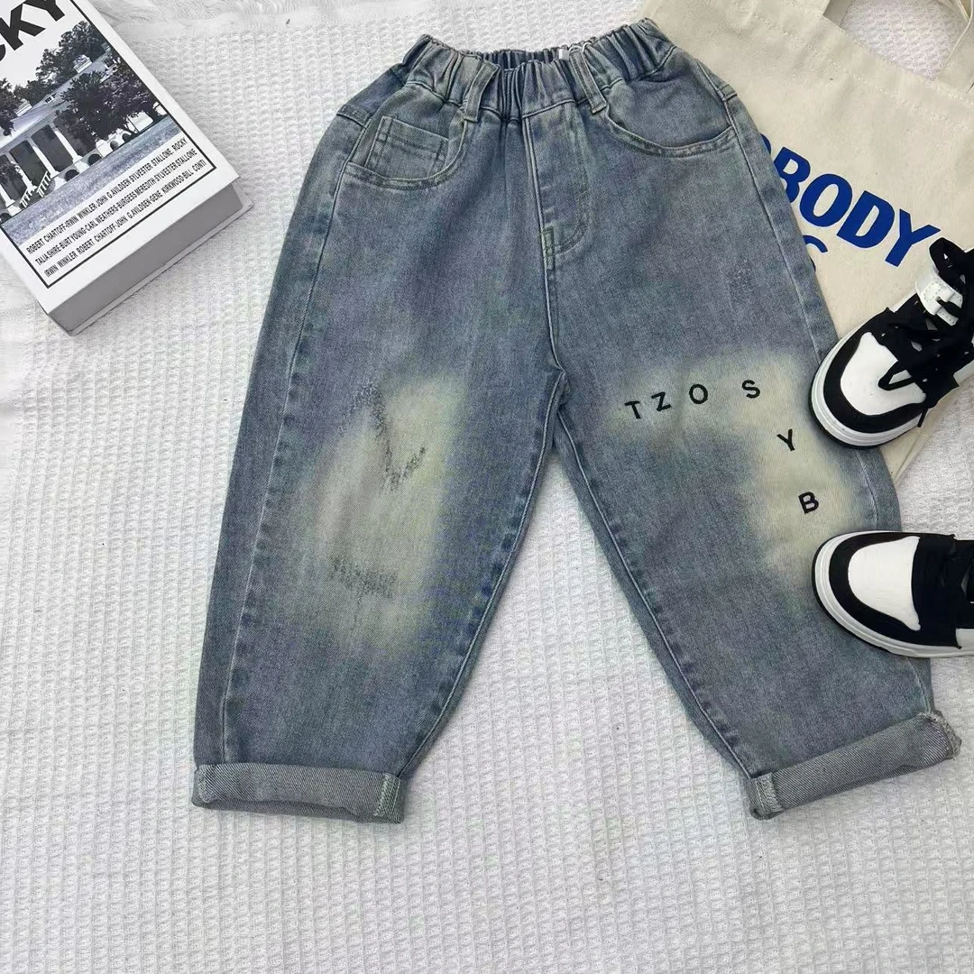 儿童春季韩版字母刺绣老爹牛仔裤CE0018