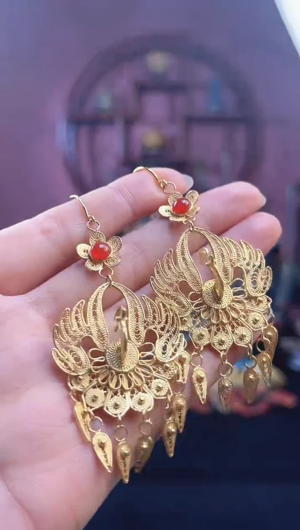 非遗 花丝镶嵌立体凤凰耳饰