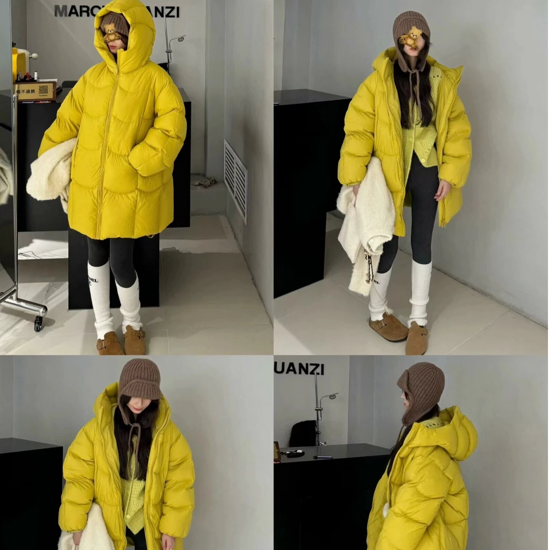 韩版花苞帽连帽泡芙羽绒服女中长款2024年冬新款茧型白鸭绒外套