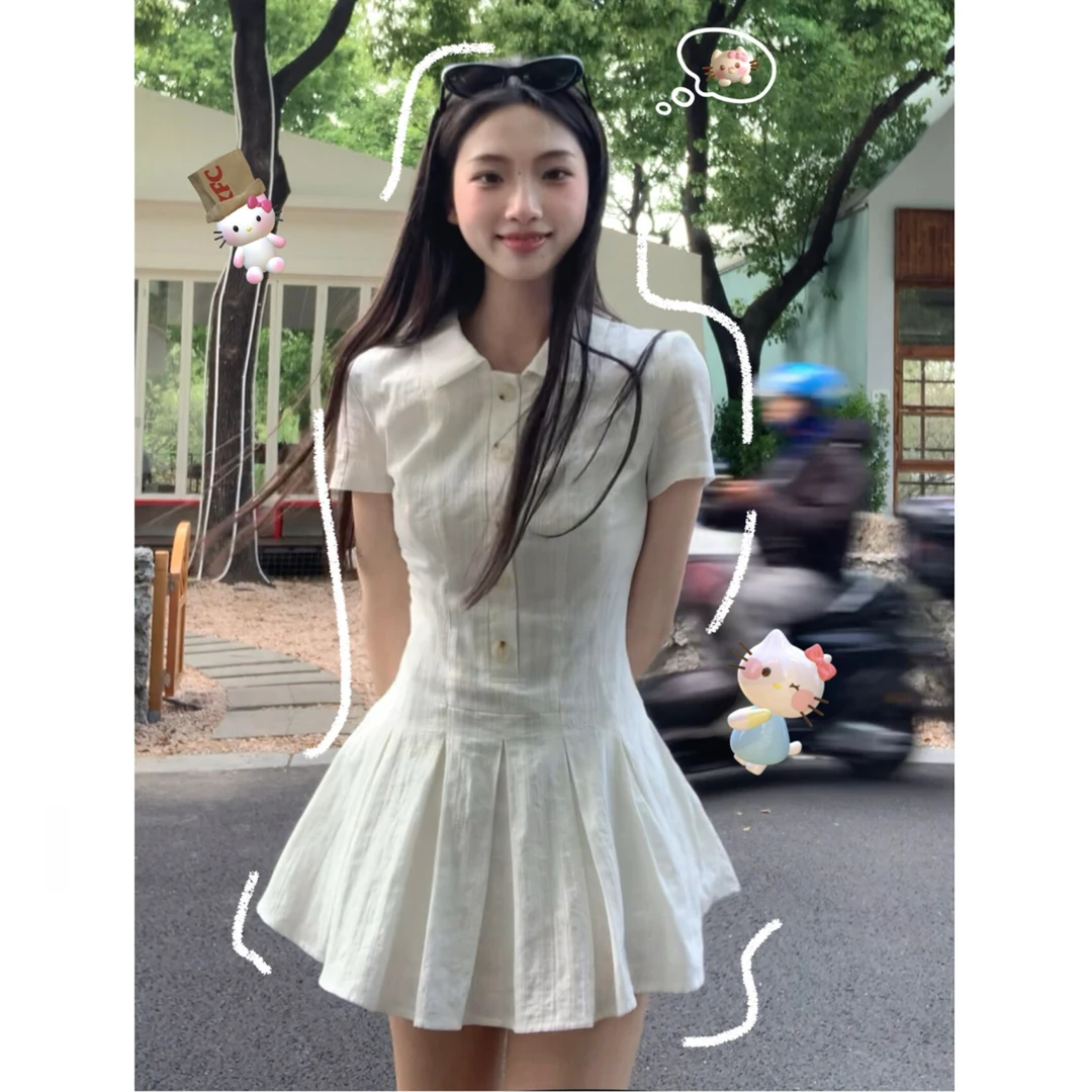 学院风竖纹肌理感衬衫连衣裙女夏季新款韩系少女收腰显瘦百褶裙子