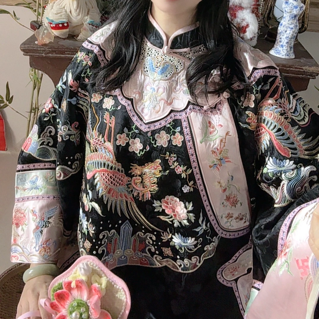 瑜玥传琦原创手工盘金凤香云纱凤穿牡丹女士上衣【6337】
