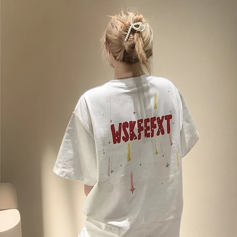 100%纯棉洋气网红设计感短袖美式T恤男ins新款女上衣夏季宽松百搭