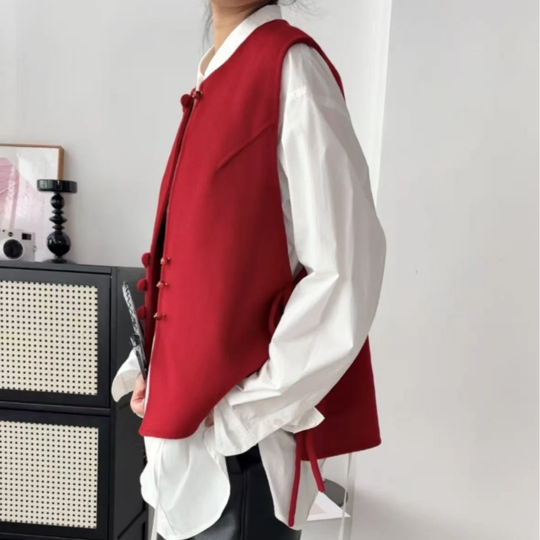 复古国风盘扣双面羊毛马甲腰间系带设计感纯色马甲