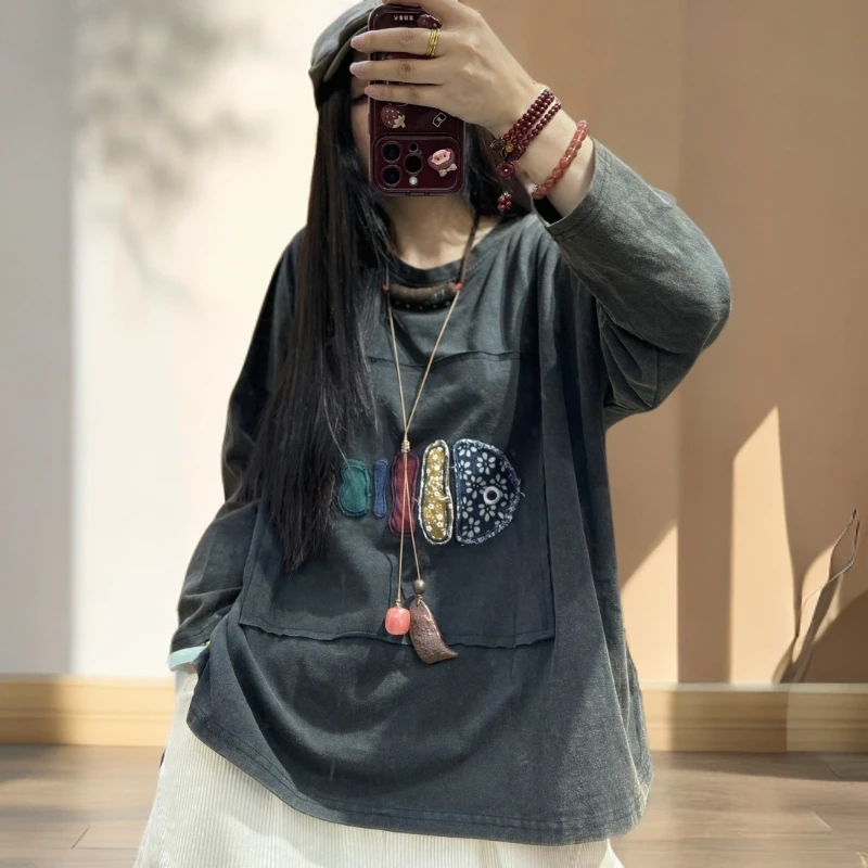 2025Y L新款秋季时尚休闲宽松圆领纯棉百搭纯色大鱼T恤