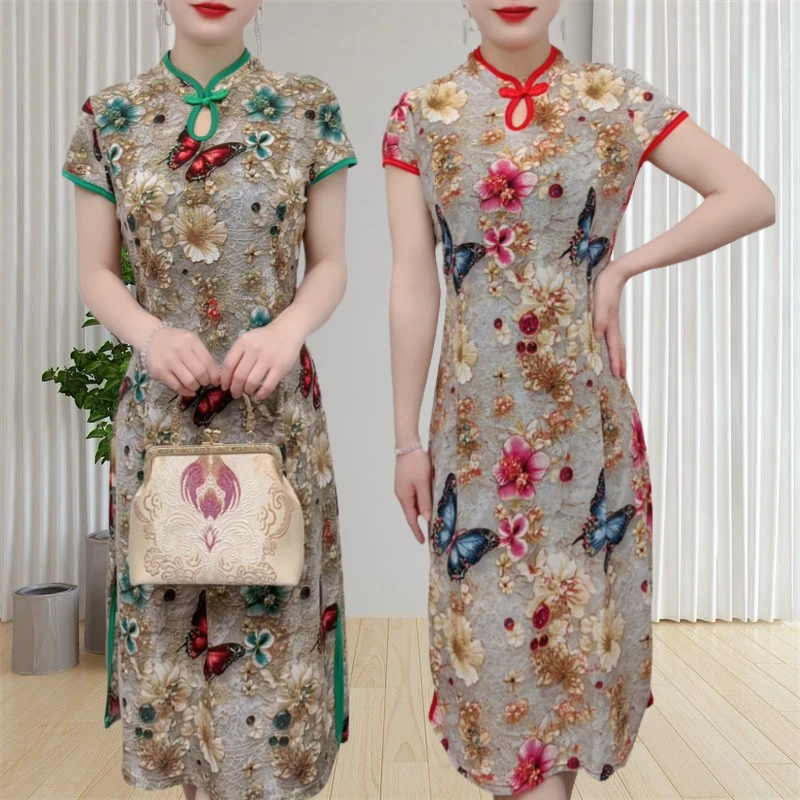 夏季短袖旗袍复古中长款显瘦气质新款国风蝴蝶花旗袍裙（非定位花）