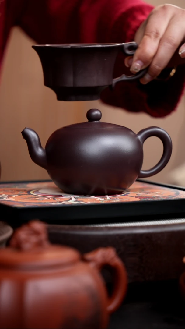 【闪购商品】紫砂茶壶紫泥一粒珠+手把杯+壶承017