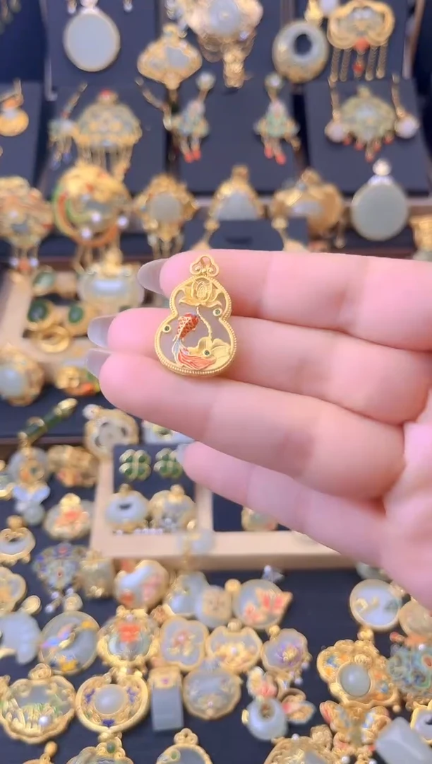 和田玉银S925镀金镶嵌颈饰金鱼莲花葫芦吊坠