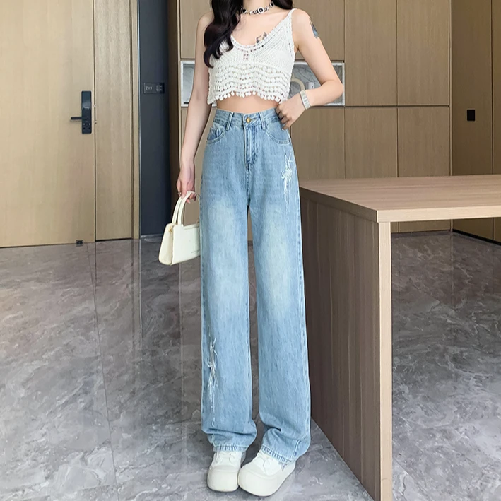 春夏高腰阔腿牛仔裤女窄版直筒显瘦百搭宽松休闲垂感夏季新款裤子