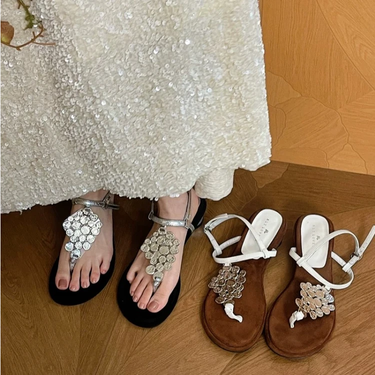 美猫汇巴厘岛夏梦~设计师鎏金真皮底粗跟夹趾凉鞋女配裙子高跟鞋