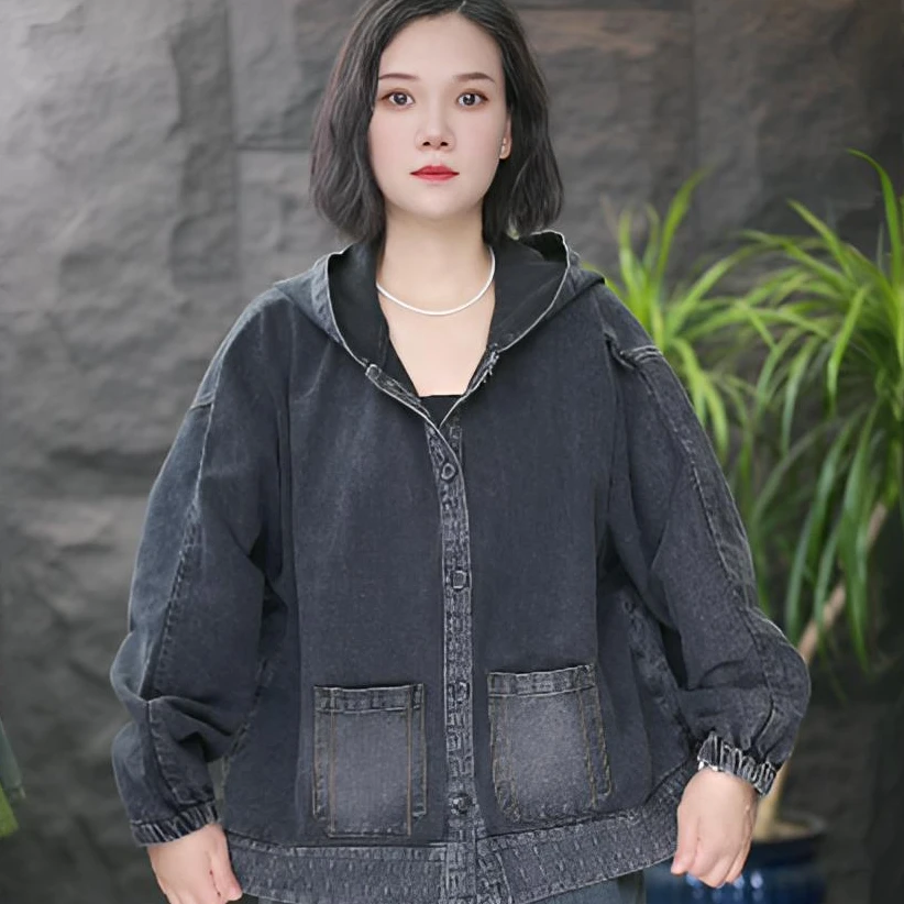 FF短款纯色春季长袖印花短外套时尚拉链秋季宽松连帽女牛仔复古