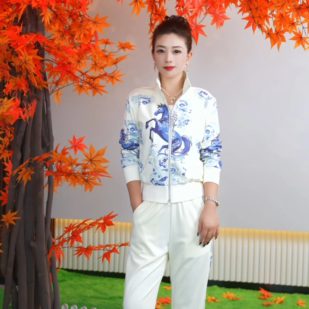 【花姐】新款青花骏马大气洋气立领长袖气质修身休闲套装2547059