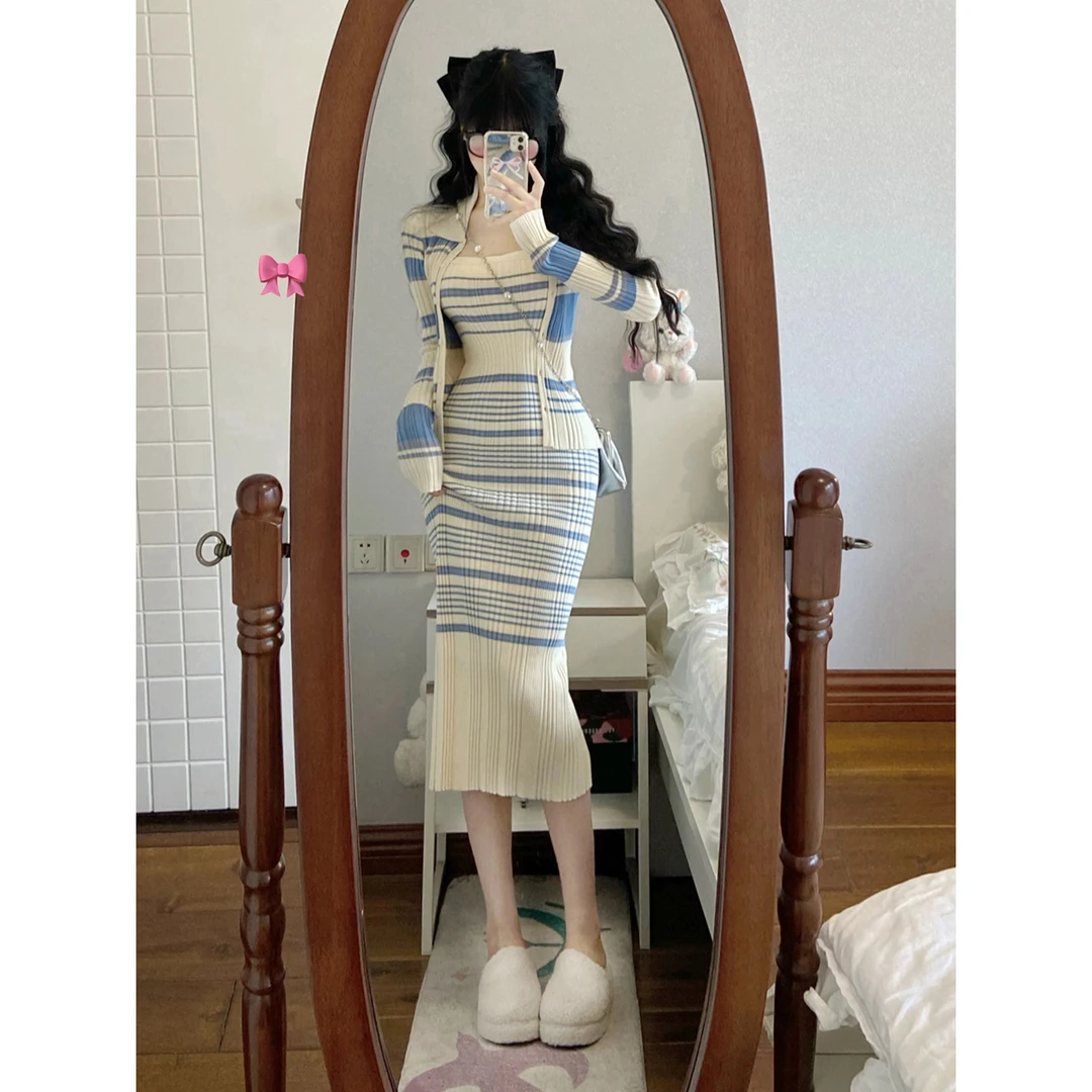 现货 针织套装女春夏新款休闲时尚气质显瘦条纹开衫吊带裙两件套