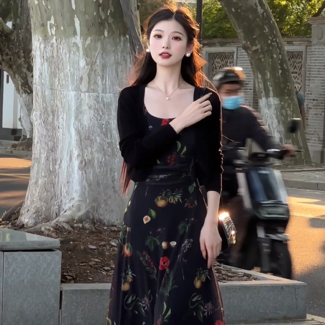 【一桐】【小果园】【清凉】碎花气质轻奢显瘦黑色女装连衣裙4XLZB6468