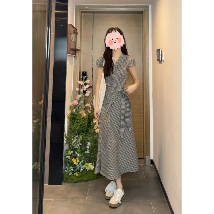 【长岛冰茶】格子长裙韩系春夏新款小个子设计感交叉绑带显瘦连衣裙