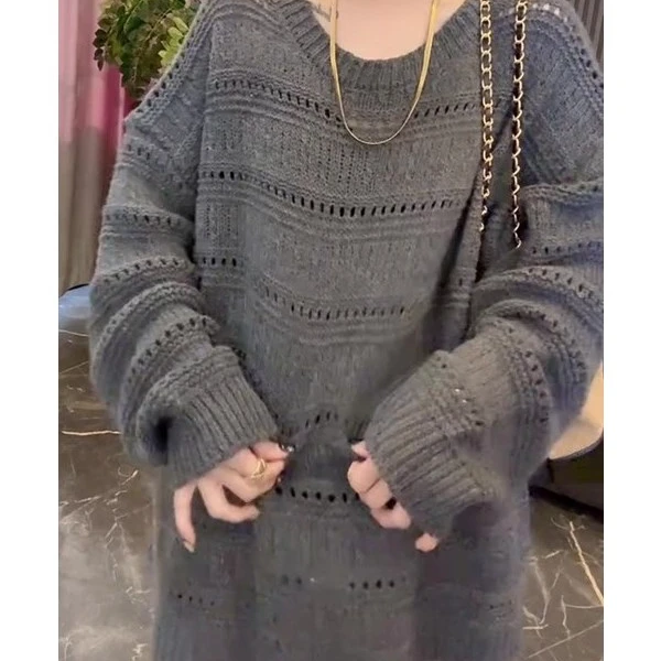 欧洲站慵懒风圆领长袖针织衫女2025年秋季新款复古镂空宽松上衣女