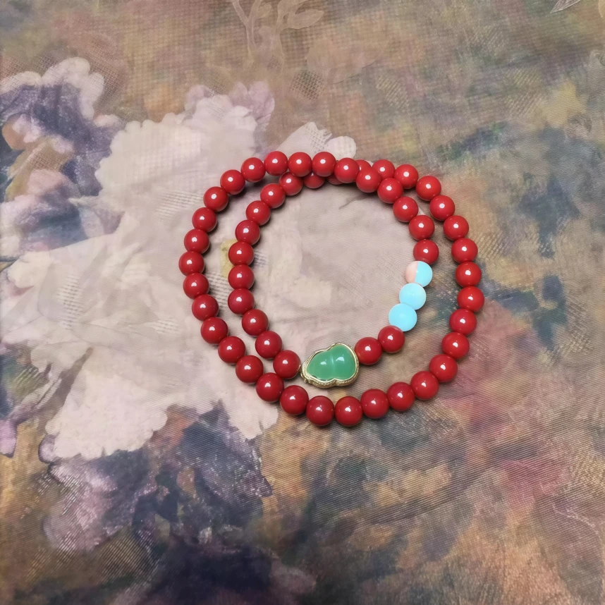S0999-朱砂红双圈手串+绿葫芦