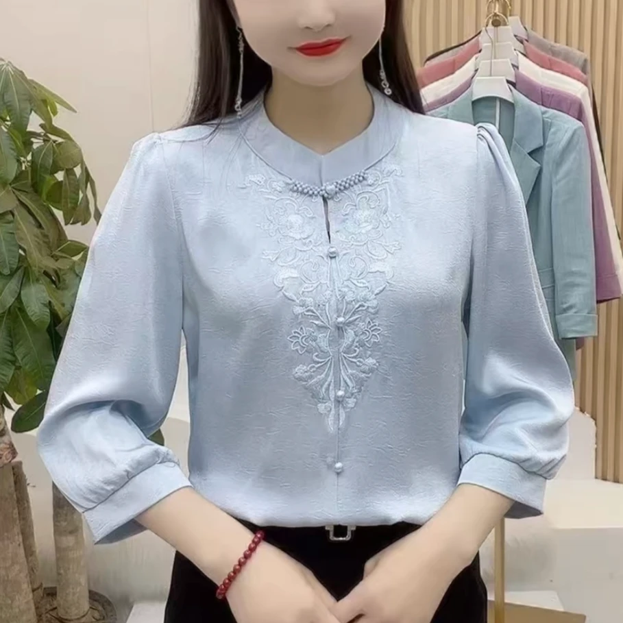 设计感小众刺绣七分袖衬衫女2025春新款时尚显瘦百搭洋气盘扣衬衣