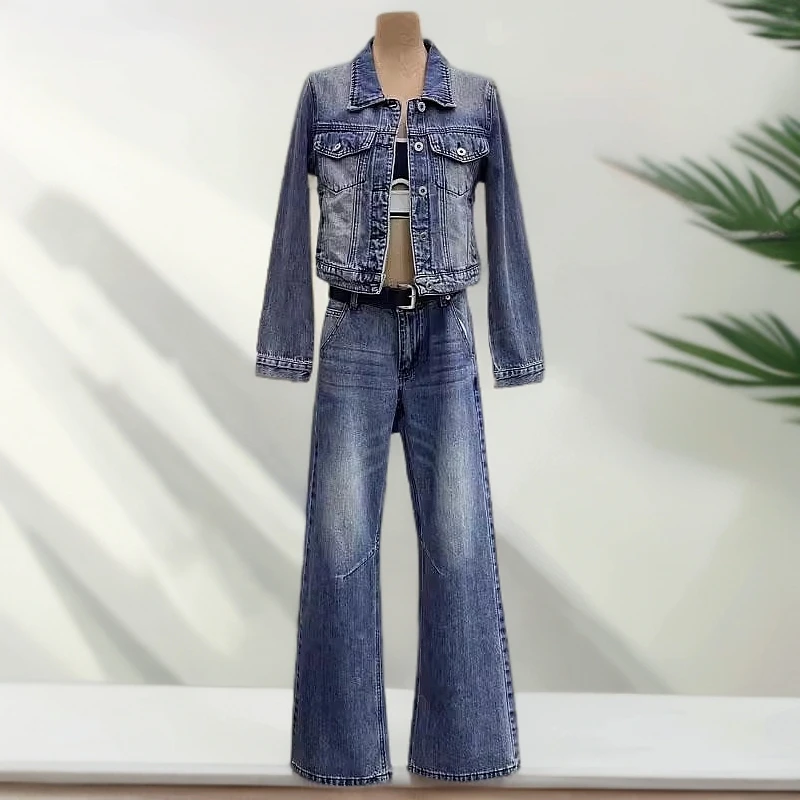 B6126时尚气质短款复古深蓝洗水短款牛仔上衣显瘦显高阔腿长裤