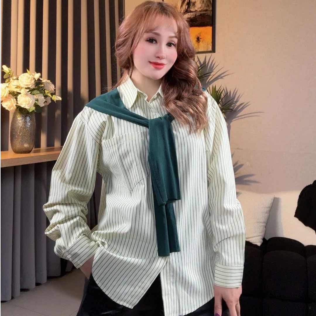 春秋新款披肩条纹韩版上衣长袖小众