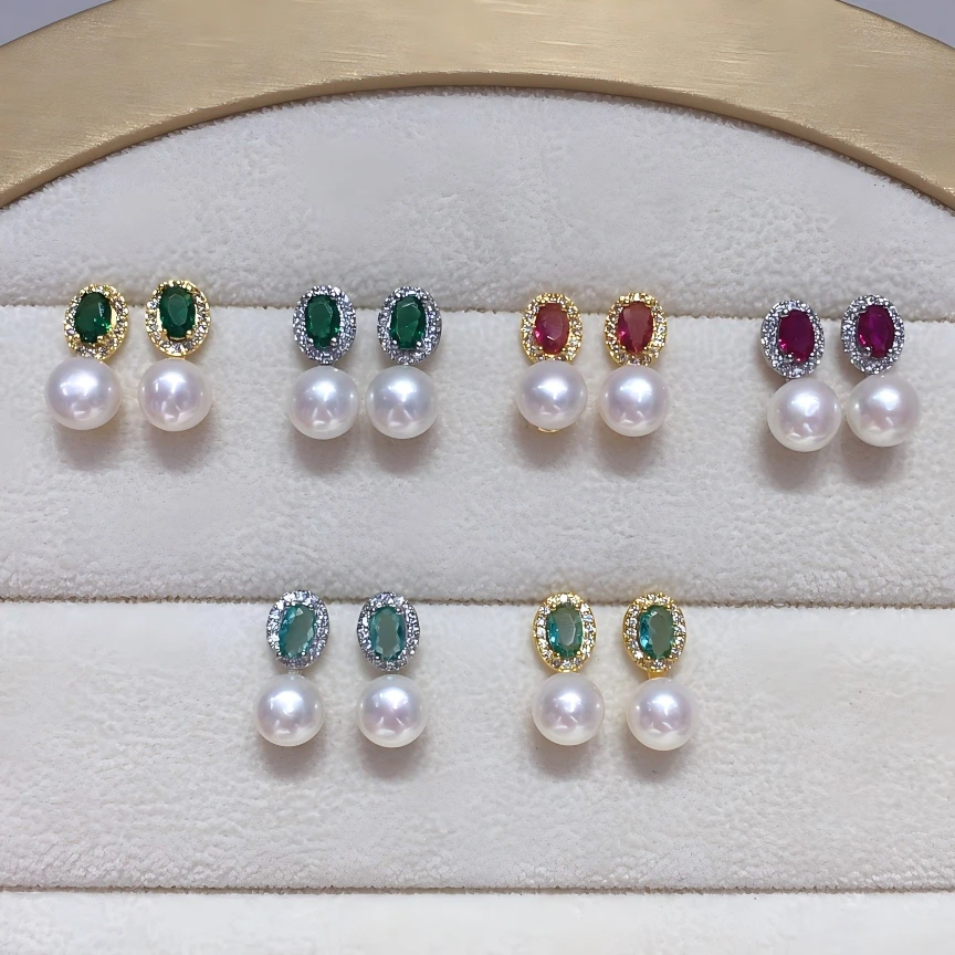 天然淡水珍珠耳钉复古简约小巧时尚红锆石蓝绿锆石女精致耳饰