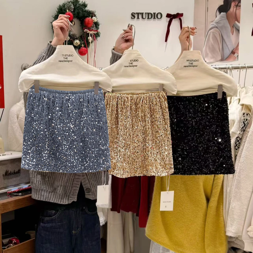 超闪重工亮片短裙A字版气质半身裙百搭松紧腰大码显瘦包臀打底裙