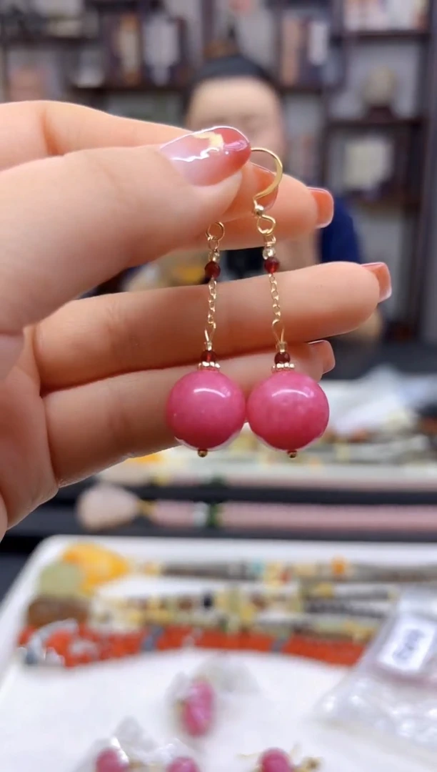 【闪购商品】菱锰矿（红纹石）耳坠14K金镶嵌E613