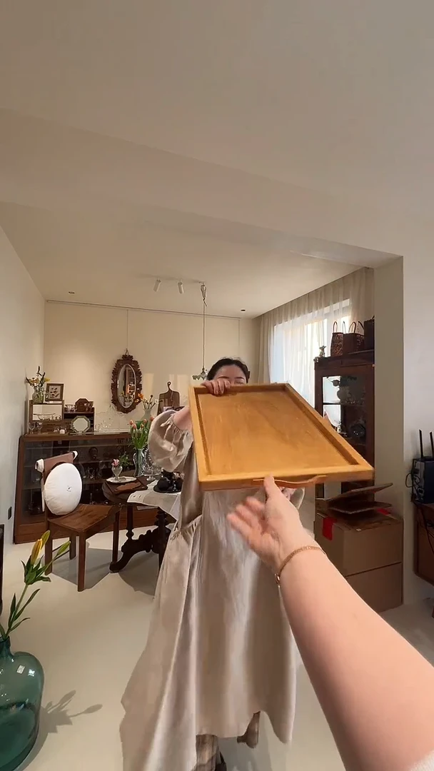 带***姑茶道摆件0000皮把手木托盘7018