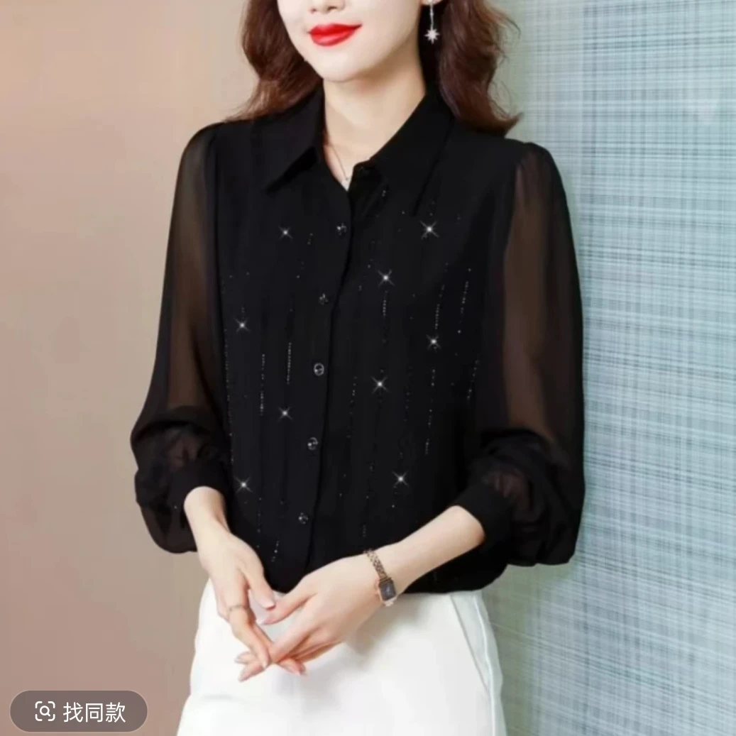 QL春夏镶钻女沙袖设计感洋气显瘦上衣衬衫