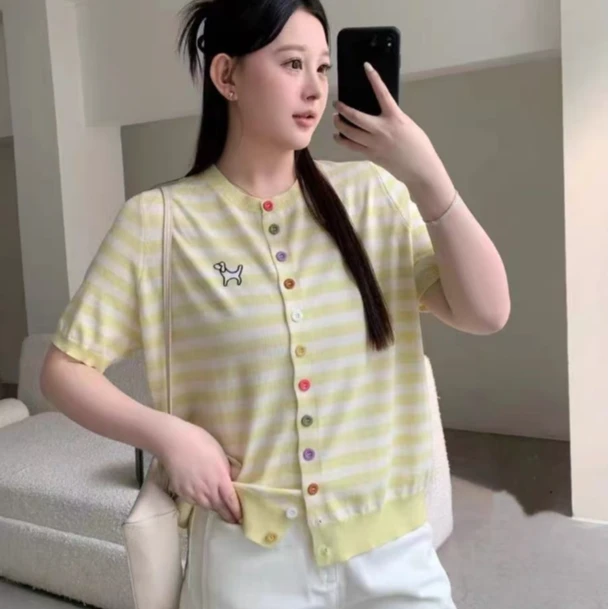 （568）2025新款韩版宽松显瘦短袖上衣女圆领条纹针织开衫女百搭