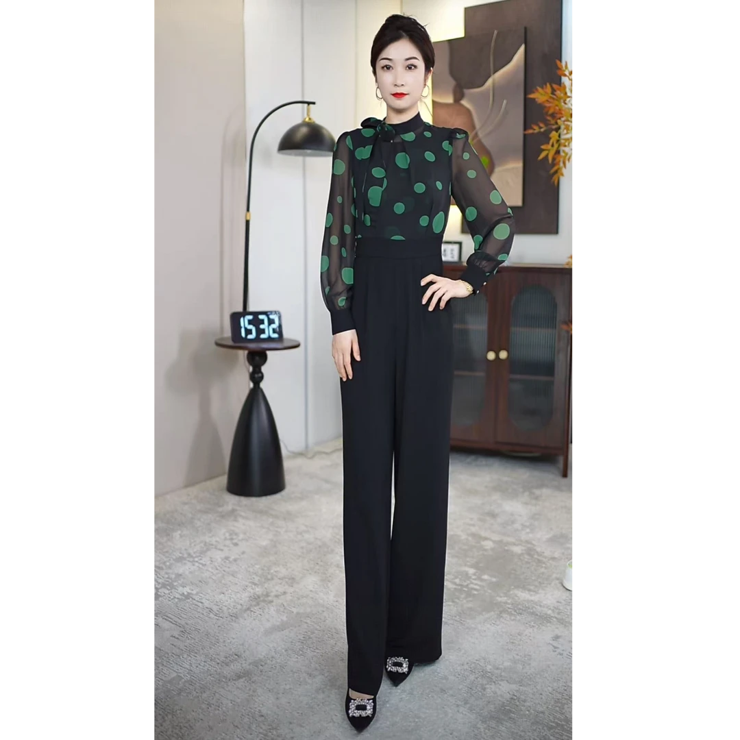 绿色波点时尚连体衣连体裤洋气女装印花女神长袖百搭显瘦