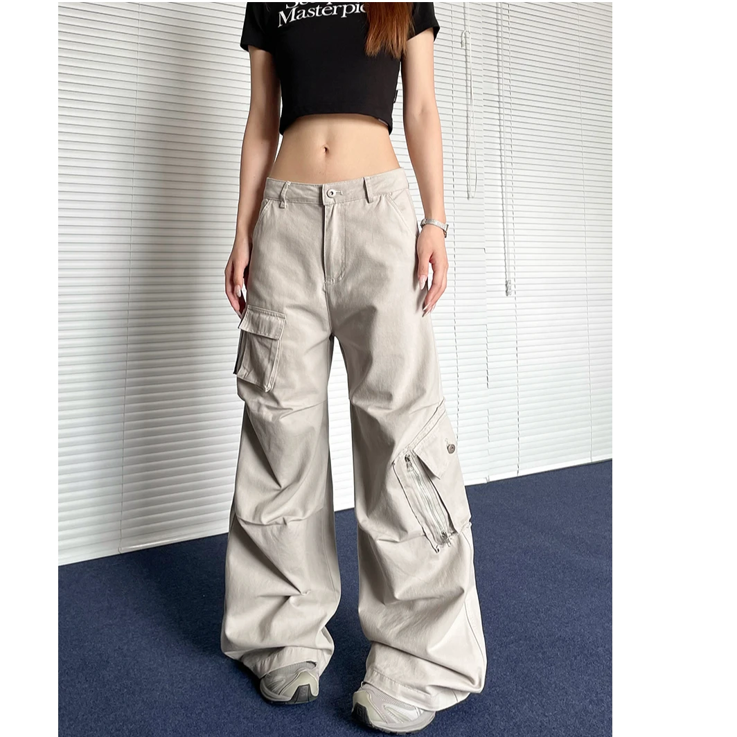 美式复古褶皱多口袋工装裤子cleanfit高街宽松直通长裤女