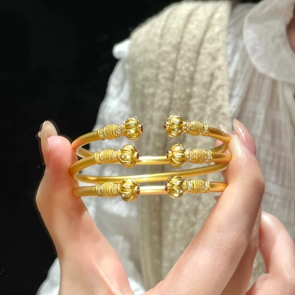 铜合金手镯 新中式国风古法灯笼南瓜对珠手镯女精美百搭实心镯子