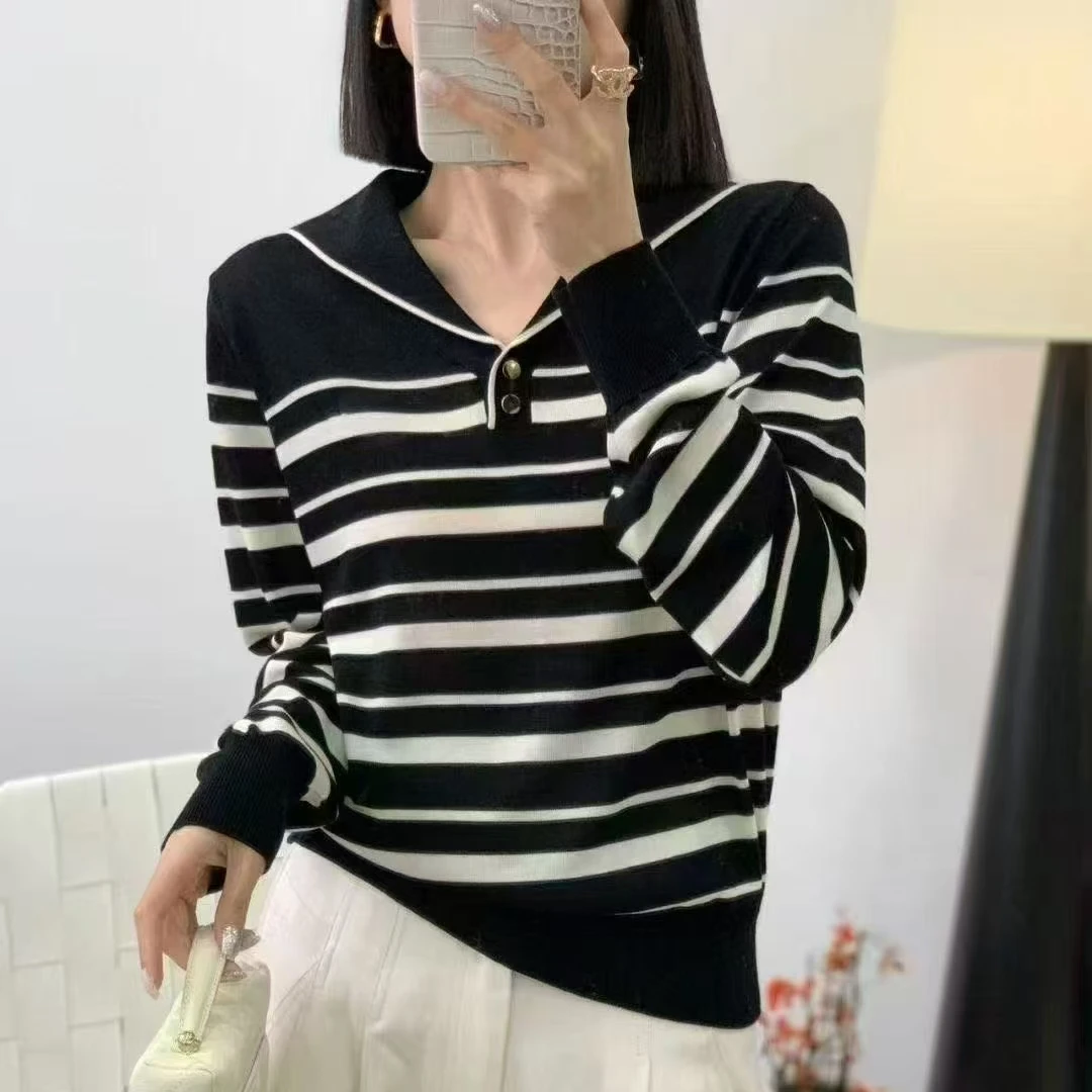 2025春装新款百搭长袖海军领减龄条纹套头宽松针织衫上衣女打底衫