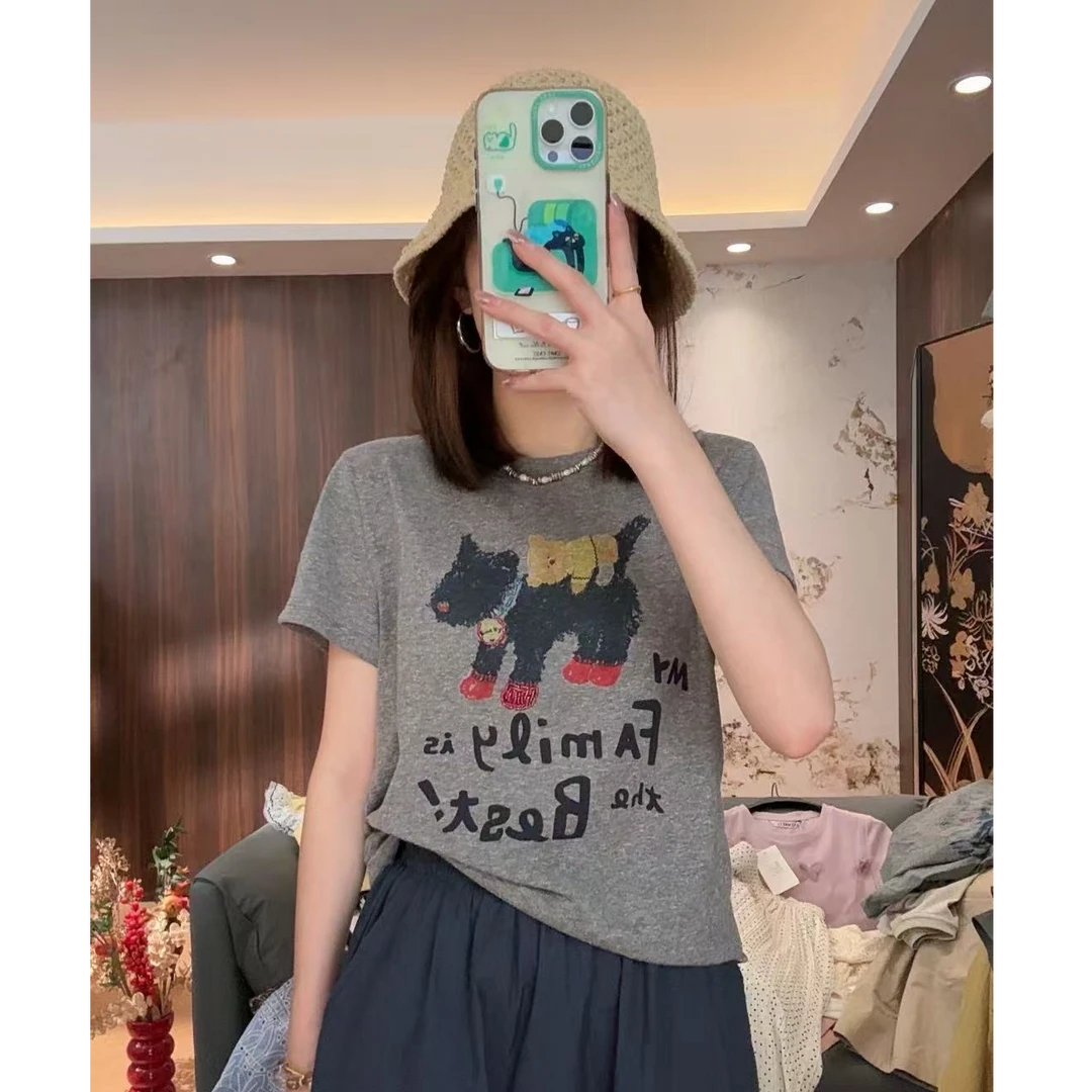 【LIbaibai】夏装2025年新款棉麻水溶印花短袖T恤上衣BB-1711清